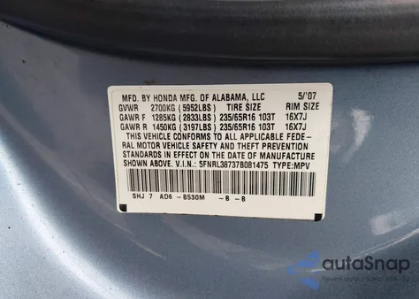 2007 Honda Odyssey Ex-L z USA, uszkodzony, nr VIN 5FNRL38737B081475
